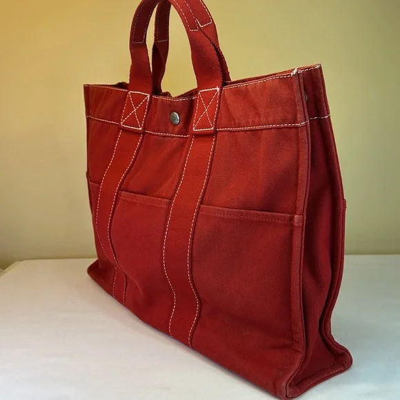 Hermes vintage heavy canvas tote rare red with white detail - Picture 4 of 13